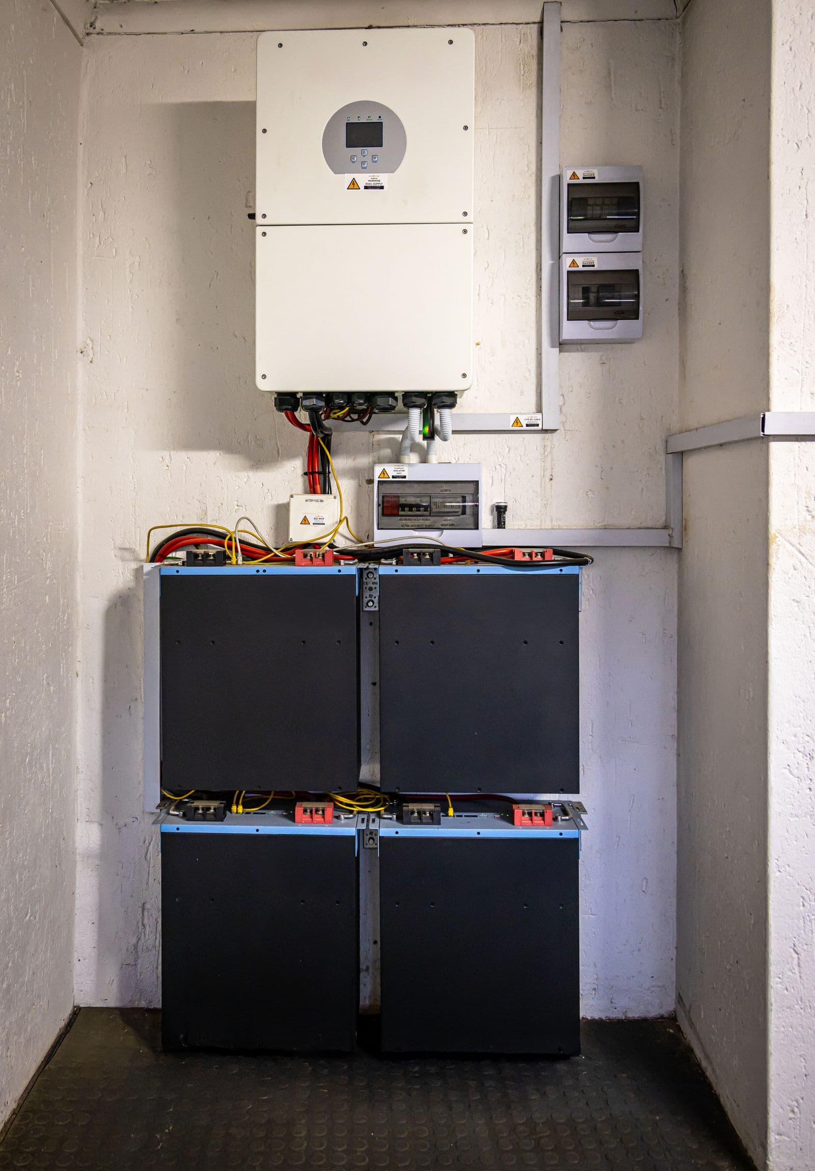 Wall-mounted home inverter connected to backup batteries